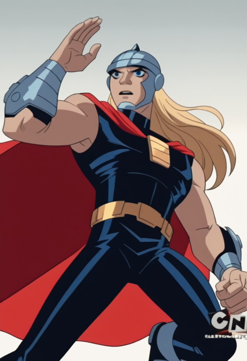 score_9, score_8_up, score_7_up, 2zdxxps, animated screencap, th1or03, blonde hair, long hair, blue eyes, silver metal helmet with wings, black bodysuit, sleeveless, metal circles on chest, red cape, red bracelets, golden belt, golden boots, dynamic pose, action pose, ((anime, animated))), simple background, solid white background, full body shot,
