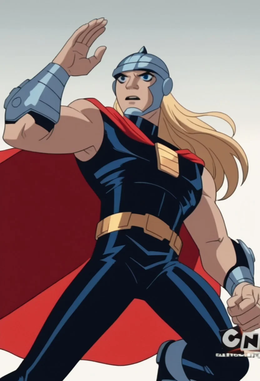 score_9, score_8_up, score_7_up, 2zdxxps, animated screencap, th1or03, blonde hair, long hair, blue eyes, silver metal helmet with wings, black bodysuit, sleeveless, metal circles on chest, red cape, red bracelets, golden belt, golden boots, dynamic pose, action pose, ((anime, animated))), simple background, solid white background, full body shot,