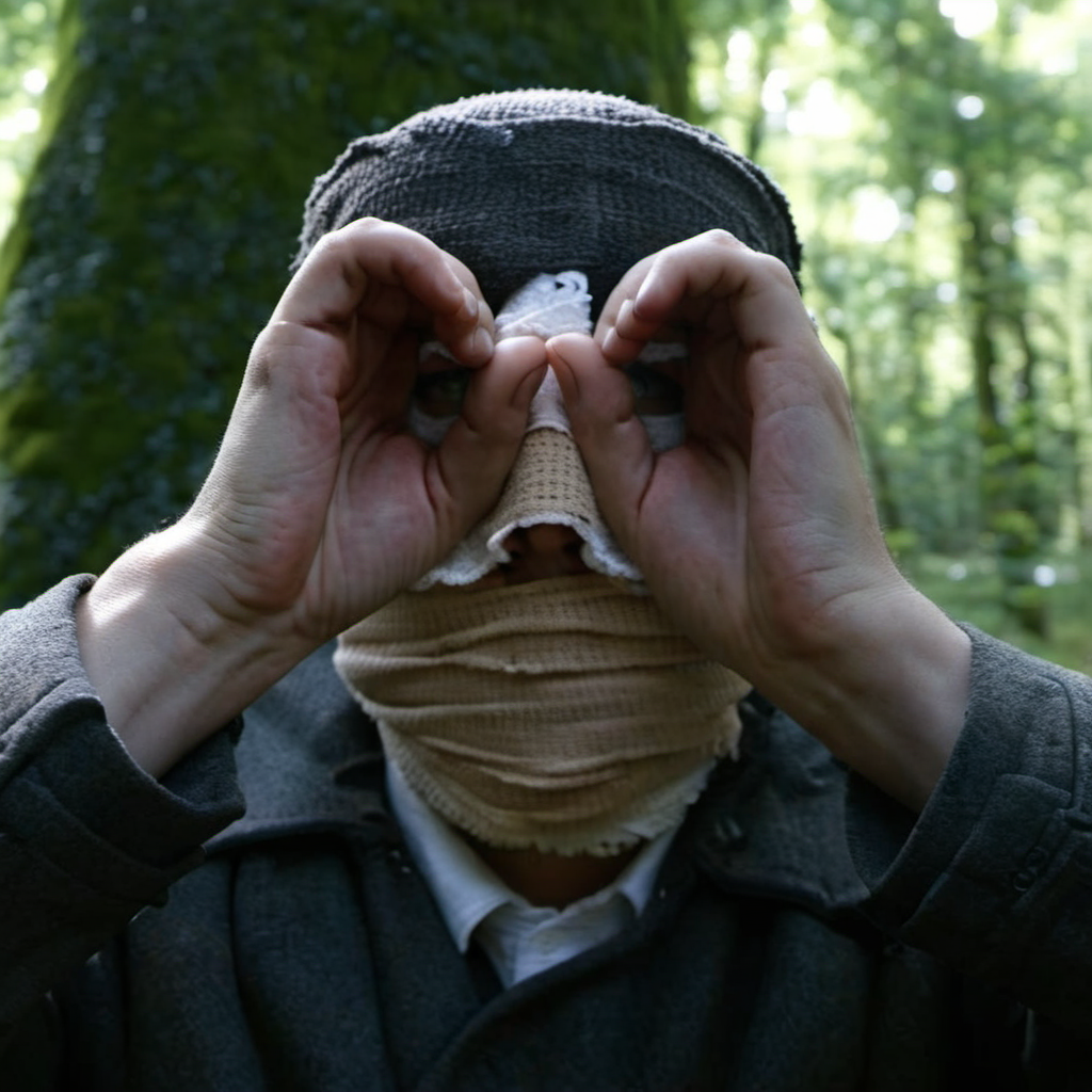 Timescrimes1024, a man, face bandages, head bandages, wears a long coat, binoculars-fingers, in forest, detailed eyes, highly detailed, photography, ultra sharp, film, bokeh, professional, 4k  <lora:add-detail-xl:1.5> <lora:Timescrimes1024:0.8>