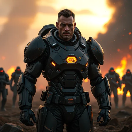 A futuristic battlefield reveals a captivating scene. YoungMoxie, a grizzled cyborg, stands amidst the chaos with his face clearly lit, his exosuit, now worn with battle damage, reflecting the setting sun's rays. The exosuit, a masterpiece of gothic design, enhances his muscular frame, its bulkiness conveying strength and resilience. YoungMoxie's presence, a fusion of human and machine, exudes determination and a sense of duty. This cinematic film still, with its retro arcade style, captures a moment of intense action, where his cybernetic enhancements and battle-worn armor leave viewers enthralled by the fusion of technology and warfare in this dystopian, futuristic world, <lora:flux_trainer/moxiePunk_v3>, <lora:flux/Realism 2.safetensors:1.0>,
