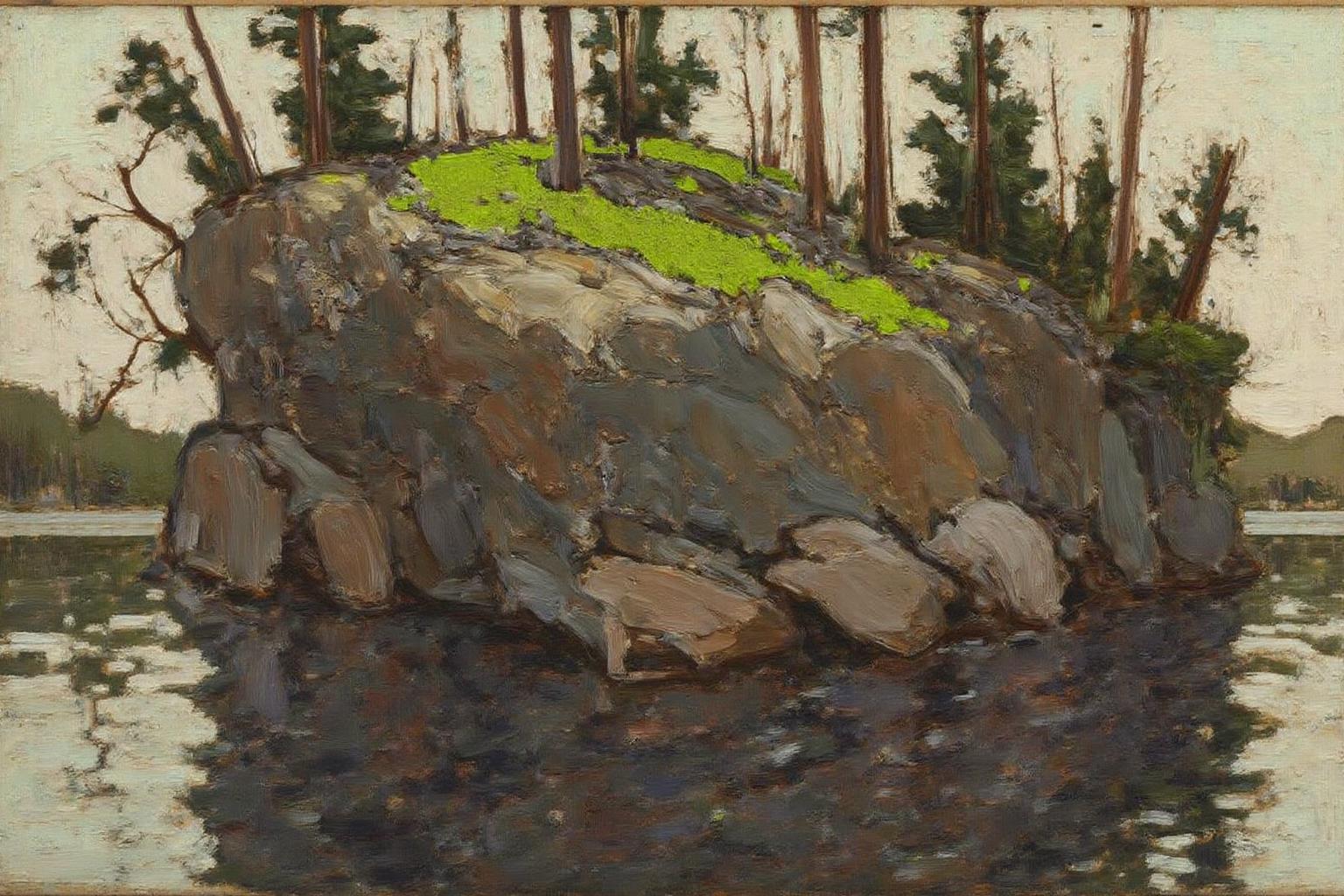 tomthom1 painting. A lakeside scene with a rocky shoreline. The composition features a rugged, rocky cliff on the left side, covered with sparse, low-growing greenery and dotted with a few tall, slender trees. The cliff's surface is a mix of browns, grays, and muted earth tones, with some areas of bright green grass or moss adding contrast. <lora:tomthom1_cap_d6a3:1.0><lora:815406739794107108:0>