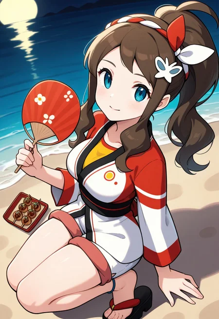 2d, masterpiece, best quality, amazing quality, highres, absurdres, newest, 1girl, solo, sitting, beach, night, from above, dutch angle, looking at viewer, medium breasts, sumhilda, blue eyes, brown hair, sidelocks, hair ornament, nejiri hachimaki, hairband, japanese clothes, happi, long sleeves, multicolored jacket, red jacket, white jacket, yellow shirt, two-tone shorts, white shorts, red shorts, anklet, sandals, uchiwa, hand fan, takoyaki