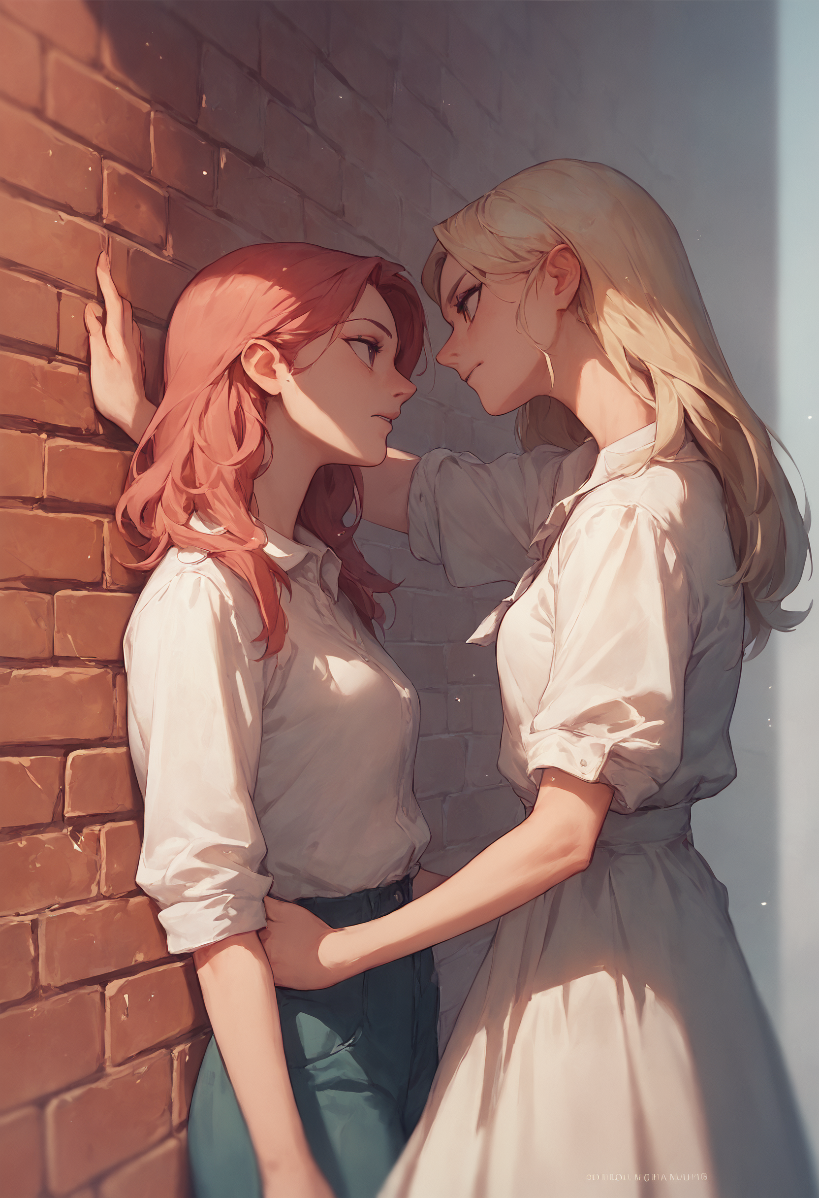 score_9, score_8_up, score_7_up, kabedon from side, 2girls, brick wall
<lora:kabedon_pony_2:1>