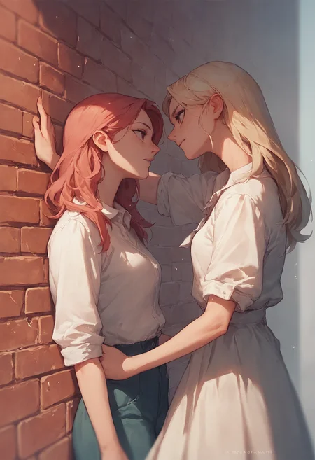 score_9, score_8_up, score_7_up, kabedon from side, 2girls, brick wall
<lora:kabedon_pony_2:1>