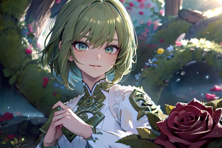 (masterpiece:1.4), 4K8K, (anime style), (high shutterspeed:1.4), (sharp edges), 
SyFyEye1, FanFo, 
1woman  hands togather,  leaning foward, face focus, smile, closed mouth, 
wearing Celtic style dress, (Detailed face, Detailed eyes, Detailed lips), (solo), 
olive hair, any colored roses, Fantastic, turf,
