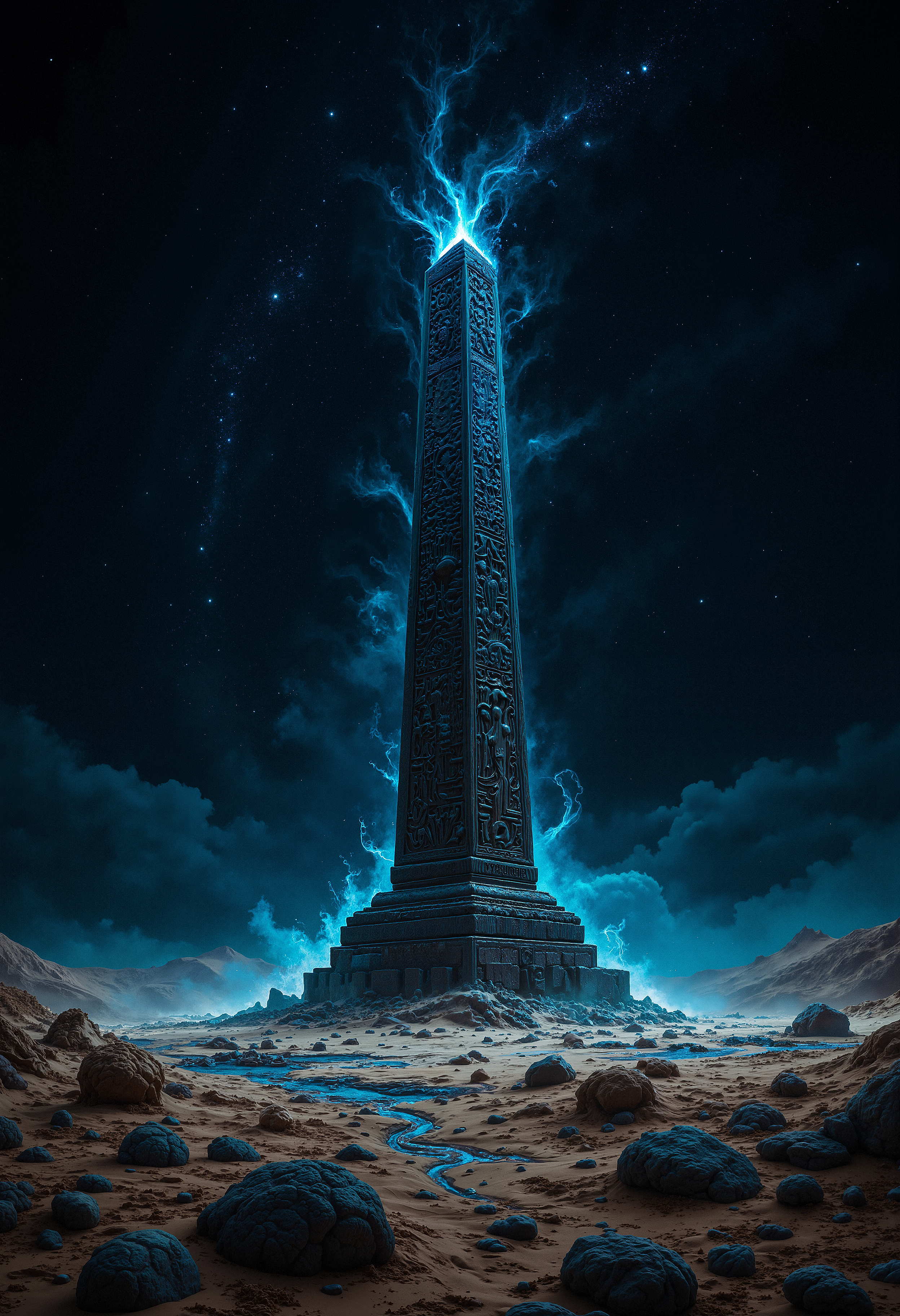 A vast, barren desert landscape under a night sky filled with an infinite number of stars. In the center stands a massive, ancient stone obelisk with intricate carvings glowing faintly with an eerie blue light. The ground is cracked and dry, and there are scattered remnants of an ancient civilization, half-buried in the sand. The scene is shrouded in an ethereal, mystical atmosphere, with a slight breeze causing the sand to shift slightly. The perspective is wide, capturing the loneliness and mystery of the ancient monument under the starlit sky.    <lora:flux_vividizer:0.8> <lora:aidmaMJ6.1-FLUX-V0.1:0.6> midjourneyv6.1,