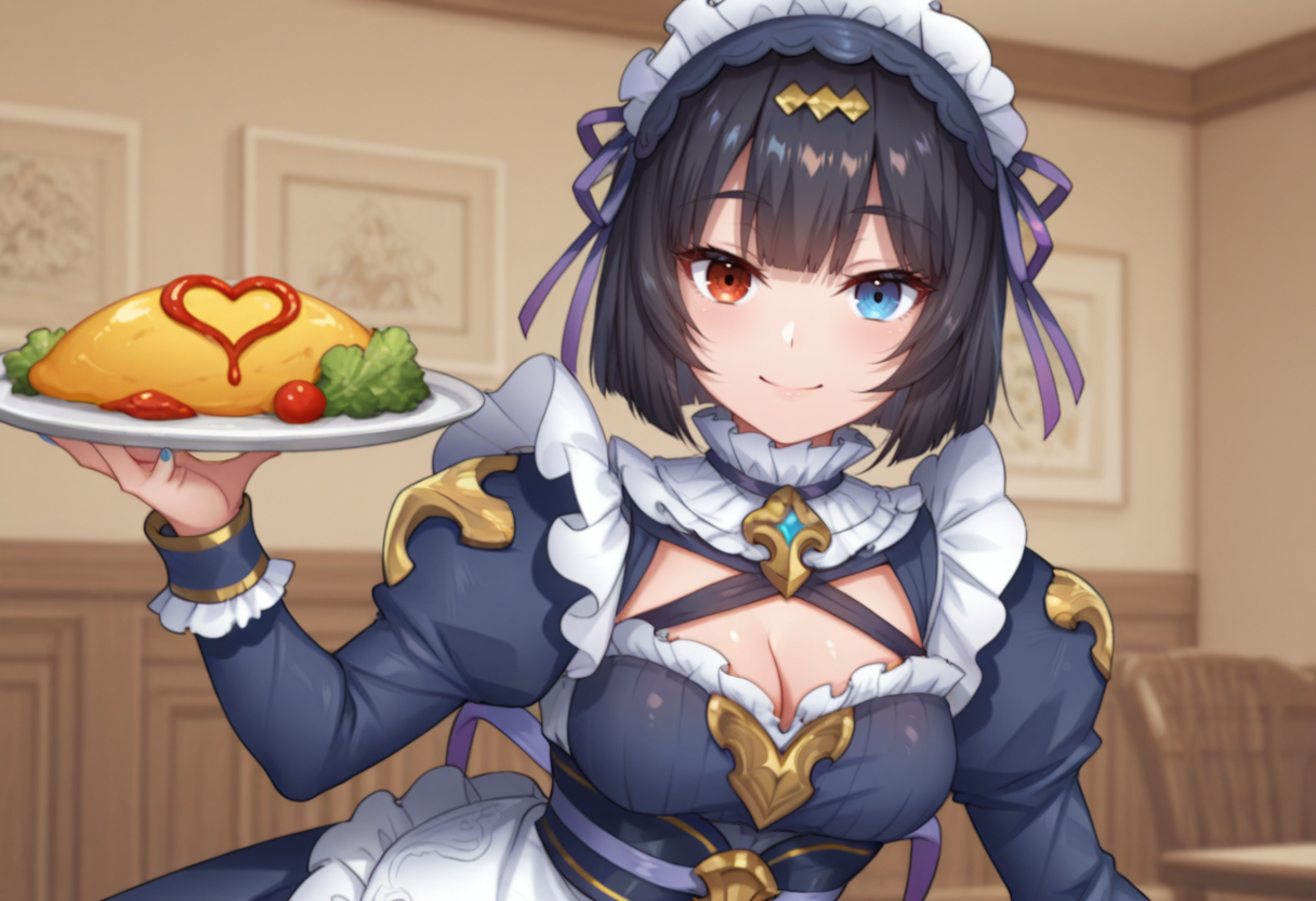 Frey, 1girl, solo, short hair, black hair, blunt bangs, bob cut, hair ornament, hairband, blue eyes, red eyes, heterochromia, medium breasts, blue nails, maid headdress, blue dress, maid apron, cleavage cutout, purple ribbon, Juliet sleeves, wrist cuffs, serving omelet, ketchup heart on omelet, smile,
BREAK
inside cafe, daytime
BREAK
anime screencap, anime coloring, anime colored background, detailed background, detailed face, shiny skin, shiny hair, absurdes, highres, dynamic pose, masterpiece, best quality, official art, cel shaded, graphic illustration, digital painting, CGI, very detailed, amazing quality, intricate details, dynamic pose, HDR, UHD, 8K, Fineline illustration, Highly detailed, ultra-fine painting, sharp focus, Professional, Vivid Colors <lora:Frey-18:1> <lora:add-detail-xl:1> <lora:DetailedEyes_V3:1>