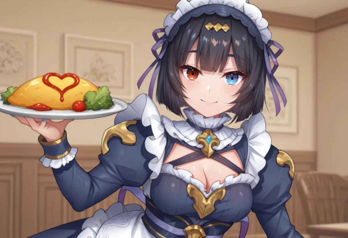 Frey, 1girl, solo, short hair, black hair, blunt bangs, bob cut, hair ornament, hairband, blue eyes, red eyes, heterochromia, medium breasts, blue nails, maid headdress, blue dress, maid apron, cleavage cutout, purple ribbon, Juliet sleeves, wrist cuffs, serving omelet, ketchup heart on omelet, smile,
BREAK
inside cafe, daytime
BREAK
anime screencap, anime coloring, anime colored background, detailed background, detailed face, shiny skin, shiny hair, absurdes, highres, dynamic pose, masterpiece, best quality, official art, cel shaded, graphic illustration, digital painting, CGI, very detailed, amazing quality, intricate details, dynamic pose, HDR, UHD, 8K, Fineline illustration, Highly detailed, ultra-fine painting, sharp focus, Professional, Vivid Colors <lora:Frey-18:1> <lora:add-detail-xl:1> <lora:DetailedEyes_V3:1>