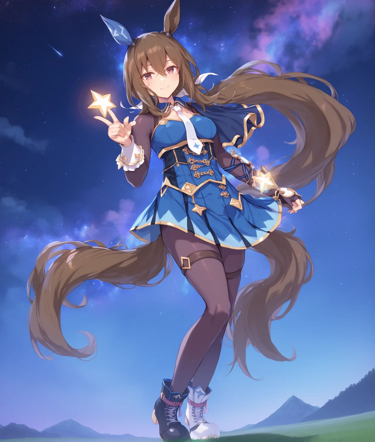 score_9, score_8_up, score_7_up, source_anime BREAK
star \(sky\), (night, dark), 
shobufuku, 1girl, solo, long hair, breasts, looking at viewer, blush, smile, bangs, (blue skirt), brown hair, red eyes, long sleeves, animal ears, hair between eyes, very long hair, tail, full body, ponytail, pantyhose, boots, necktie, black pantyhose, thigh strap, black and white footwear, horse ears, horse girl, horse tail, ear covers, (asymmetrical footwear, mismatched footwear), fingerless gloves, (standing), infront, 
<lora:admire_vega_XL-ponyXL_dropout:1>,