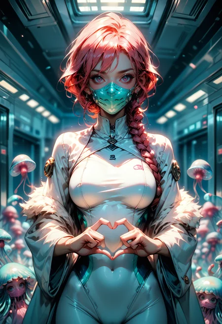 (score_9, score_8_up), score_7_up, 5girls, jellyfish, croupier, jolly roger, competition, lens eye, osandon, white fur, impossible bodysuit, assisted exposure, glass shards, panther girl, holding flag, postbox outgoing mail , no legwear, counting, when you see it, heart hands, good end, elevator door, mask, mouth mask, blurry background, depth of field, DOF,
<lora:masky-000009:0.4> <lora:SPACE0PERA_Pony:0.5>