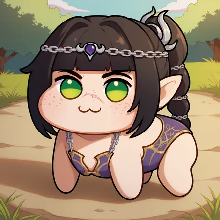 score_9, score_8_up, score_7_up, detailed background, BREAK 1boy, solo, ShhBG3, green eyes, freckles, nose scar, pointy ears, long hair, ponytail, black hair, fringe, <lora:ShadowheartBG3PDXL_V1-Manityro-adamw:1.0>, outdoors, day, ShhUnd, circlet, purple underwear, chain, <lora:Doro_X_PDXL_V1:1>, doro, creature, :3, chibi, no humans, four legs, solid circle eyes, no pupils