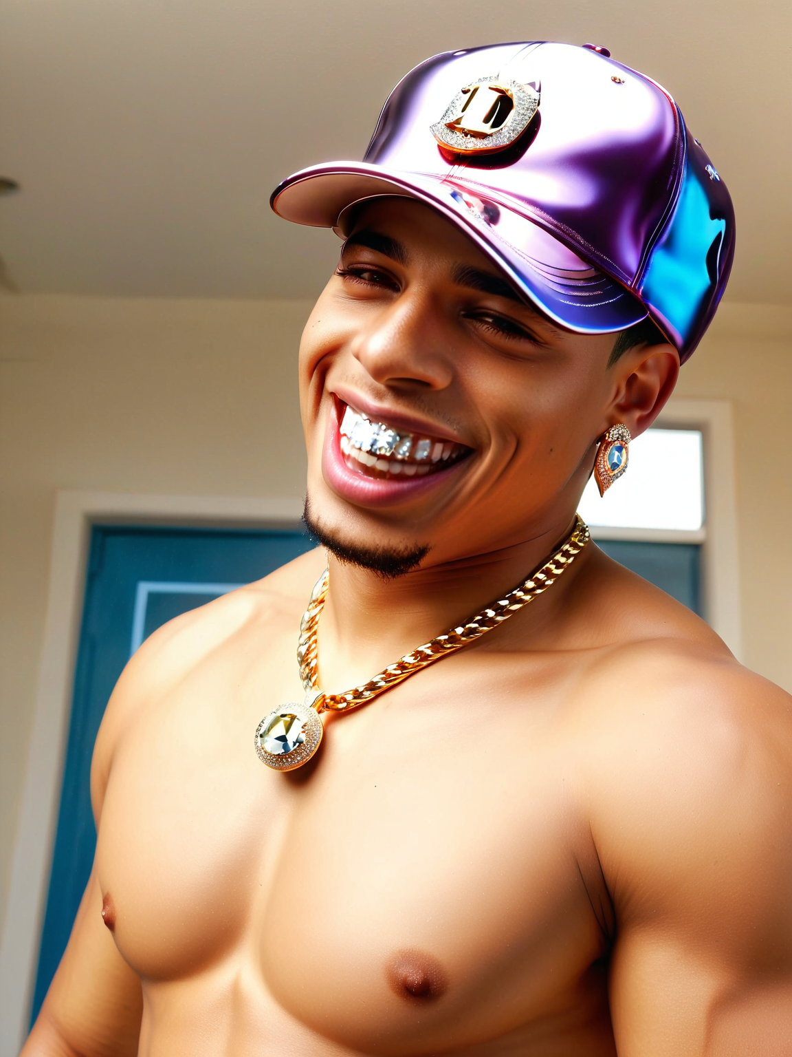 UHD, 8K, ultra detailed, highly realistic photo of solo, attractive Latino looking at viewer, smile, open mouth, black hair, 1boy, hat, jewelry, nipples, upper body, male focus, earrings, blingbling teeth teeth, chain necklace, muscular, facial hair, dark-skinned male, pectorals, muscular male, bara, baseball cap, beard, realistic, blingbling, (high resolution 8K photo quality:1.3)