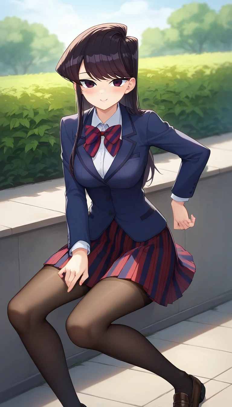 score_9,score_8_up,score_7_up,score_6_up BREAK official art,solo,outdoors,upper body,(portrait:1.5),looking at viewer,facing viewer,smile,blush,Komi Shouko,long hair,black hair,sidelocks,swept bangs,black eyes,school uniform,blue jacket,blazer,collared shirt,white shirt,red bowtie,striped bowtie,diagonal-striped bow,medium breasts,skindentation,long sleeves,red skirt,pleated skirt,striped skirt,black pantyhose,loafers,<lora:Komi Shouko(kcc)-Pony:1.2>,