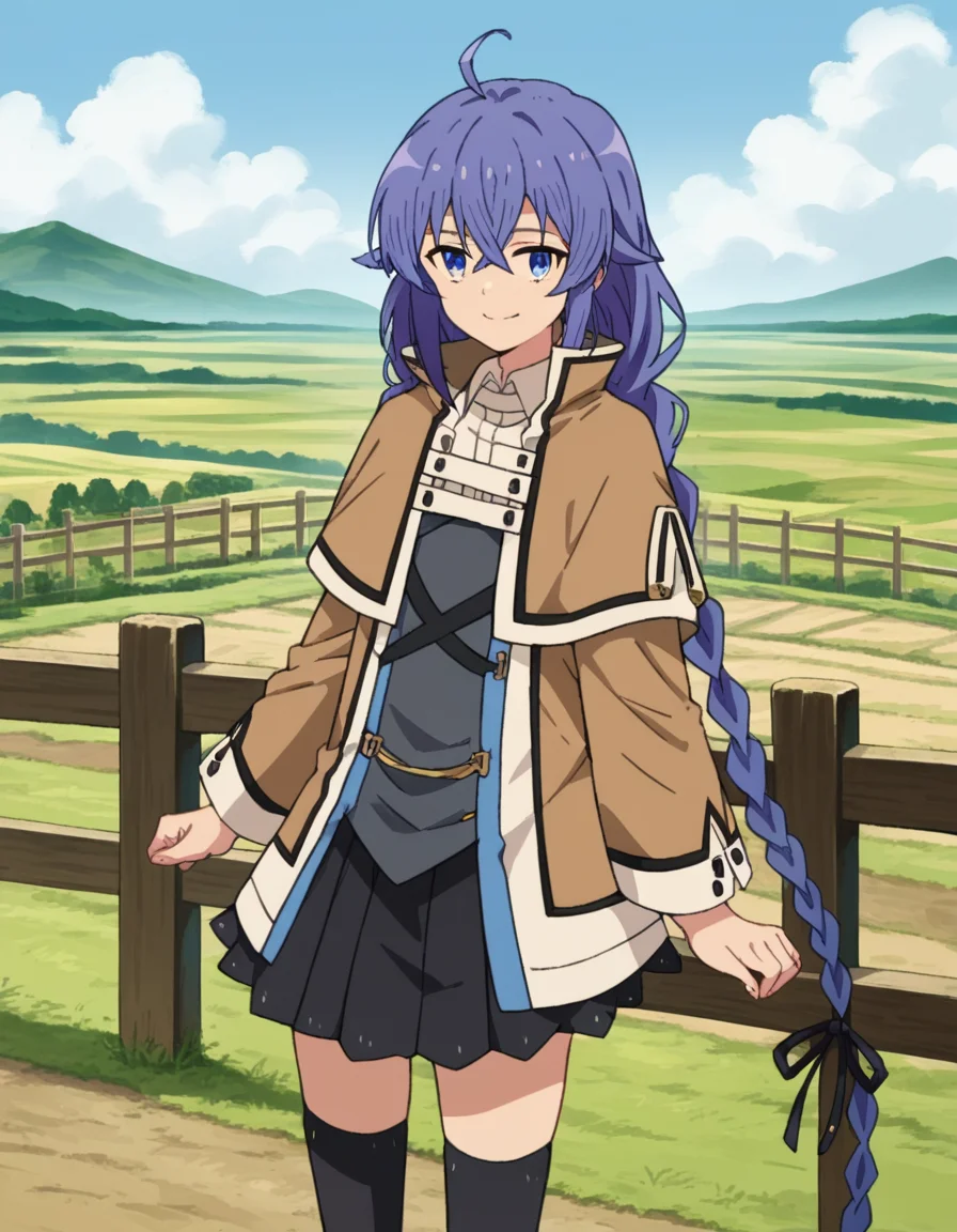 score_9, score_8_up, score_7_up, source_anime,
roxymigurdia, <lora:roxy-migurdia-s1-ponyxl-lora-nochekaiser:1>,
roxy migurdia, ahoge, black ribbon, blue eyes, blue hair, braid, hair between eyes, hair ribbon, long hair, twin braids, very long hair,
black legwear, black skirt, capelet, jacket, brown jacket, long sleeves, miniskirt, open clothes, open jacket, pleated skirt, skirt, white capelet, white footwear, white jacket,
outdoors, landscape, farm, smile,
looking at viewer, dutch angle, cowboy shot,