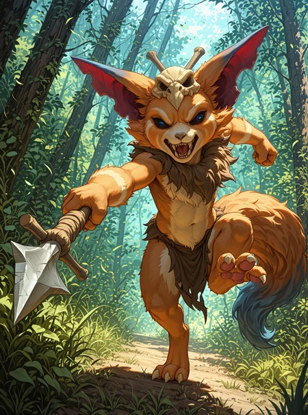 <lora:GnarXLIllustrious-000060:1> Gnar, yordle, fangs, 3 toes, pawpads BREAK
loincloth BREAK
jungle background BREAK
throwing object, spear weapon, rage, angry, open mouth , BREAK
<lora:spo_sdxl_10ep_4k-data_lora_webui:1> highly detailed, detailed background, absurdres, high resolution, 8K, highres, 4k, 2k, high detail BREAK
masterpiece, best quality, amazing quality, very aesthetic, absurdres, newest, sceneryâââ