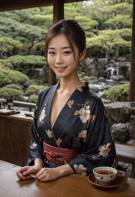 From frontal below :1.3,(dark background:1.3),(sitting behind wood table:1.631),(restaurant at ryokan:1.2),(Japanese tea cups and ((sukiyaki ))on table:1.63),((sukiyaki :1.5)),(beautiful real texture :1),smile face:1,(royal),10k,(real skin texture:1),high resolution,(one 32 years old elegant Japanese woman wearing in jyuban and colored long kimono:1.2), (looking at garden :1.4),exquisite face:1,(163cm tall:1),(fine wrinkle :1.),(detailed innocent girls face:1.), NegfeetV2,(dazzling expression:1.54),(small single chignon:1), (only (one side )breast out:1.654)