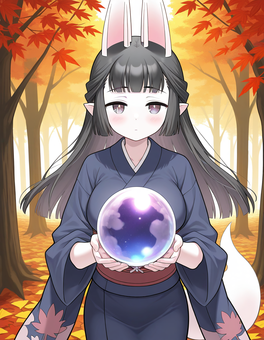 general,highres, ultra-detailed,very aesthetic,best quality ,best hands,  BREAK <lora:Hasaha_IS:1.1> Hasaha, animal ears, black hair, brown eyes, pointy ears,  white tail, large breasts,
 long hair, crystal ball, orb, white background, simple background, blush, holding, looking at viewer, cowboy_Shot,
forest, 
autumn,
fallen leaves,