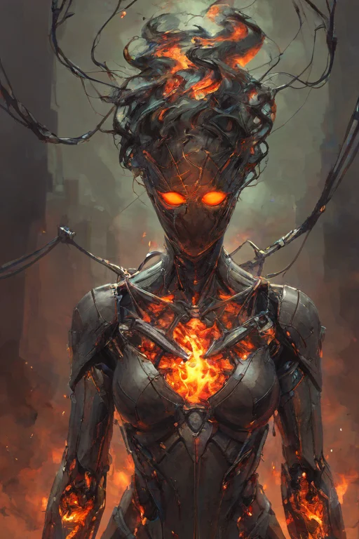 score_9,score_8_up,<lora:Turbo_XL:1>,1girl,maximum details,cybernetics,human-machine fusion,dystopian,organic meets artificial,dark,intricate,futuristic,technological,cybernetic enhancements,robotics,artificial intelligence themes,android,AI,machine,metal,wires,tech,biomechanical cyberpunk,<lora:FireHuman:1>,firehuman,colored skin,orange fireskin,fire,empty eyes,<lora:BeautyInEvilPony:0.6>,hkevil,<lora:HerrscherAGGA2024_Nameless_Style_V2:0.4>,nameless_style,(black fire:1.4),