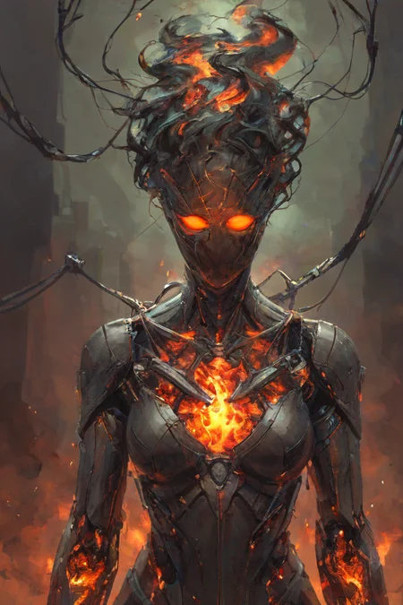 score_9,score_8_up,<lora:Turbo_XL:1>,1girl,maximum details,cybernetics,human-machine fusion,dystopian,organic meets artificial,dark,intricate,futuristic,technological,cybernetic enhancements,robotics,artificial intelligence themes,android,AI,machine,metal,wires,tech,biomechanical cyberpunk,<lora:FireHuman:1>,firehuman,colored skin,orange fireskin,fire,empty eyes,<lora:BeautyInEvilPony:0.6>,hkevil,<lora:HerrscherAGGA2024_Nameless_Style_V2:0.4>,nameless_style,(black fire:1.4),