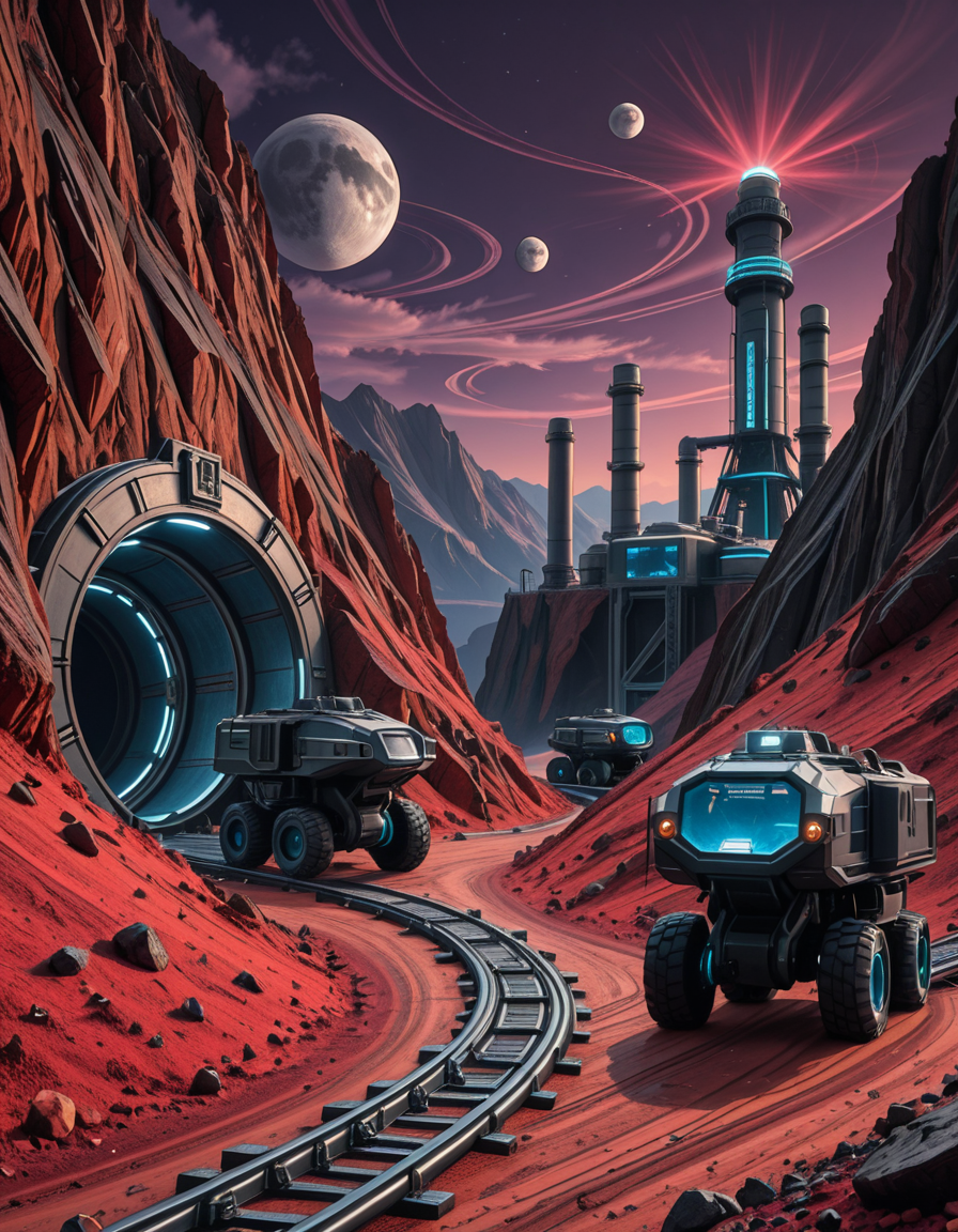 A futuristic mining outpost on a distant, rocky planet with a harsh, alien landscape. The mine entrance is a massive, reinforced metal tunnel carved into the side of a jagged, dark-red mountain. Advanced, glowing blue energy lights line the entrance, illuminating the metallic tracks that lead deep underground. Large, heavily-armored mining vehicles with mechanical arms and drills are stationed nearby, extracting rare minerals from the rock. The ground is covered in fine, reddish dust, kicked up by the movement of autonomous robotic drones that transport ore to a towering industrial refinery in the background. The sky is a deep, dark purple with swirling clouds and two distant moons casting a cold, eerie glow. In the distance, futuristic habitation domes with transparent walls house workers in protective exosuits, their silhouettes visible inside. A neon-lit control tower monitors operations, its holographic screens displaying real-time data. The atmosphere is both desolate and technologically advanced, evoking a sense of exploration and survival on the edge of the galaxy.
<lora:SDXLFaeTastic2400:0.4> <lora:extremely_detailed:0.4> extremely detailed,futuristic mining 0utp0st, <lora:futuristic_mining_0utp0st-i:1>, Masterpiece,best quality,hi res,8k,hi res,8k,award winning,(sharp focus, intricate, highly detailed),