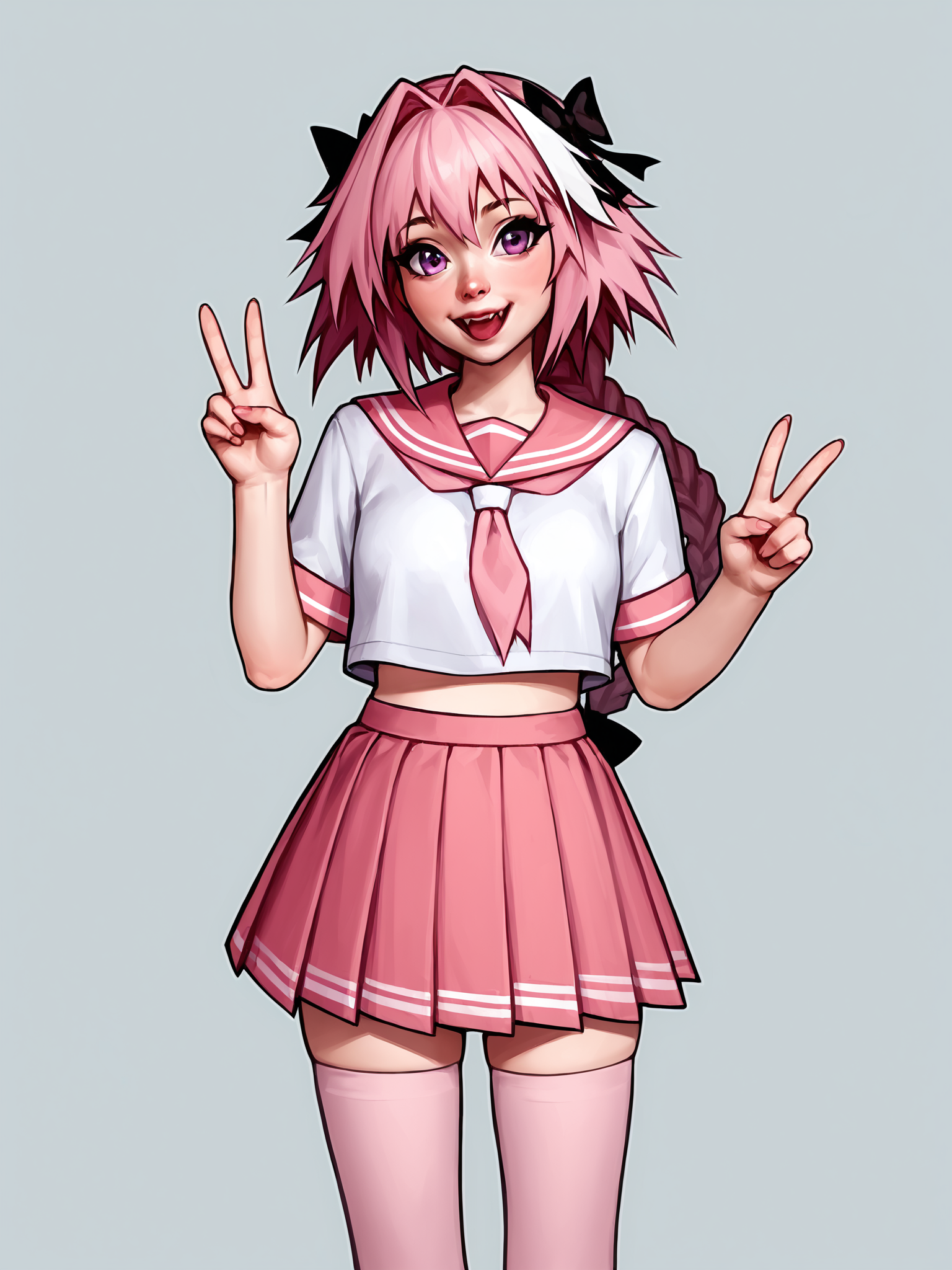 score_9, score_8_up, score_7_up, score_6_up, score_5_up, score_4_up, rating_safe
BREAK
astolfo \(fate\), otoko no ko, pink hair, braid,
BREAK
solo, standing, pink serafuku, white shirt, pink thighhighs, pink skirt, peace sign,
BREAK
white background, <lora:Lunas-SashaKhmel-SDXL-A1:1>