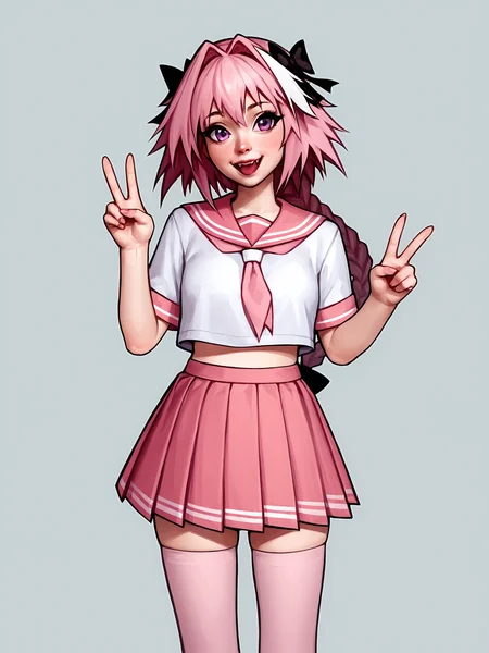 score_9, score_8_up, score_7_up, score_6_up, score_5_up, score_4_up, rating_safe
BREAK
astolfo \(fate\), otoko no ko, pink hair, braid,
BREAK
solo, standing, pink serafuku, white shirt, pink thighhighs, pink skirt, peace sign,
BREAK
white background, <lora:Lunas-SashaKhmel-SDXL-A1:1>