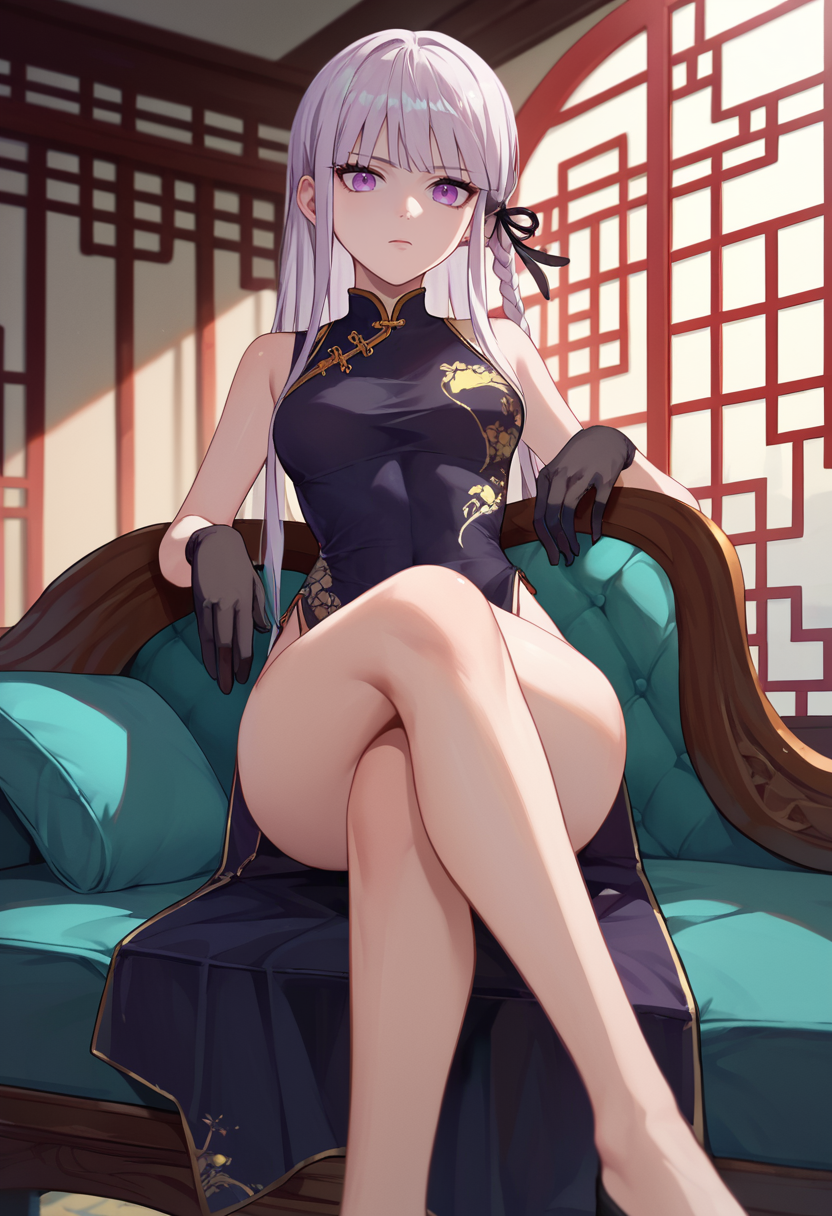 score_9, score_8_up, score_7_up, 1girl, Kyoko, silver hair, single braid, purple eyes, black gloves, china dress, sitting, crossed legs, indoors,   <lora:Kyoko new 4-000013:1>