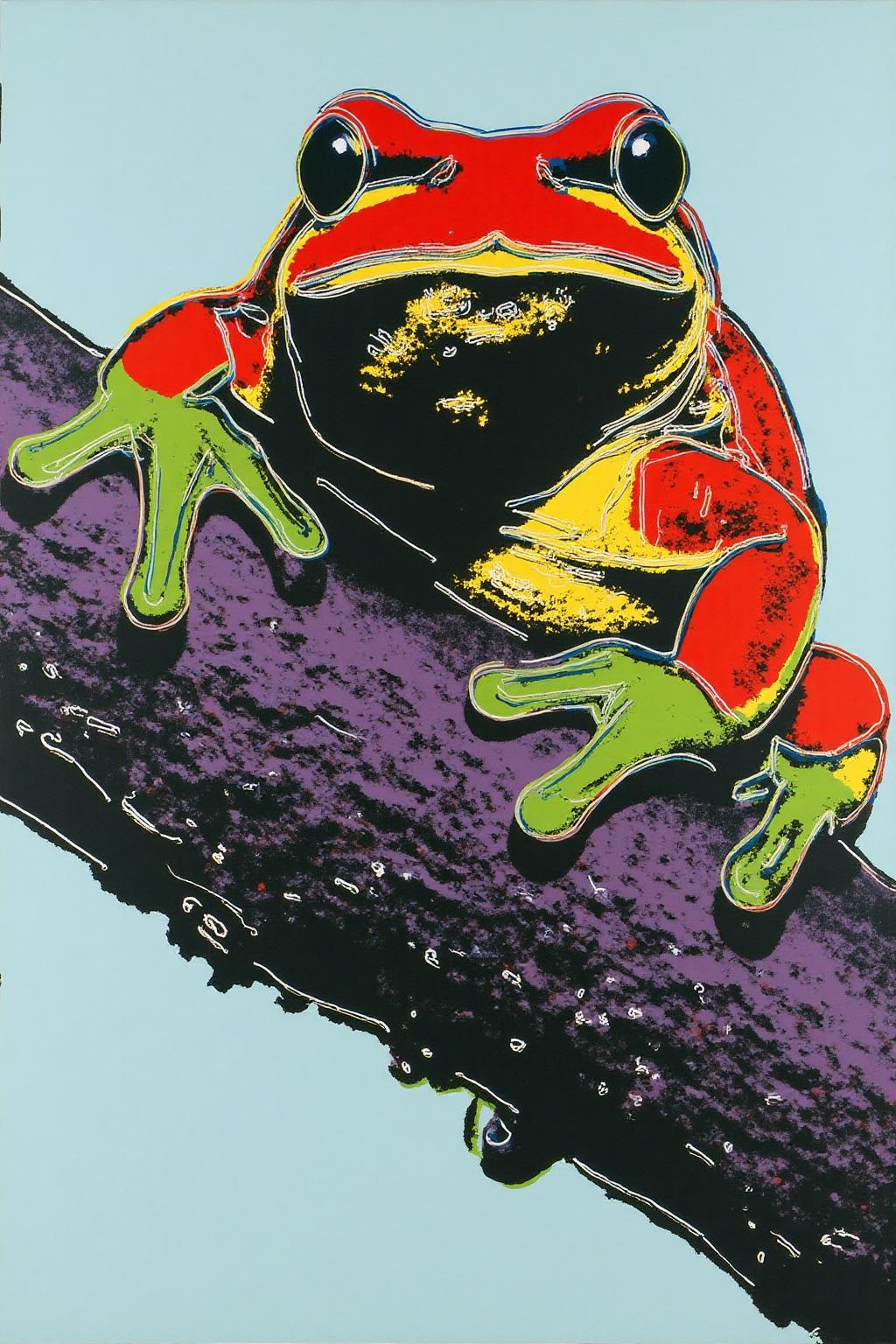 andywarhol1 illustration.
A tree frog standing on a tree branch.
 <lora:andywarhol1_cap_d6a3:1.0><lora:836296597433276593:0>
