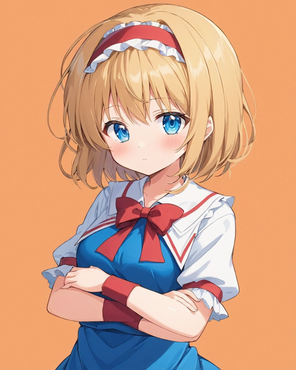 alice margatroid,1girl, red_hairband, solo, doll, closed_mouth, looking_at_viewer, blue_dress, blush, standing, long_sleeves, puffy_short_sleeves, orange_background, white_capelet, simple_background, red_background, frills, red_bow, crossed_arms, shirt, skirt
<lora:alice_margatroid_image3379_2023-12-11-000006:1>,star-shaped_pupils,symbol-shaped_pupils,. gorgeous,key visual, vibrant, studio anime,award-winning, professional, highly detailed,high budget, cinemascope
