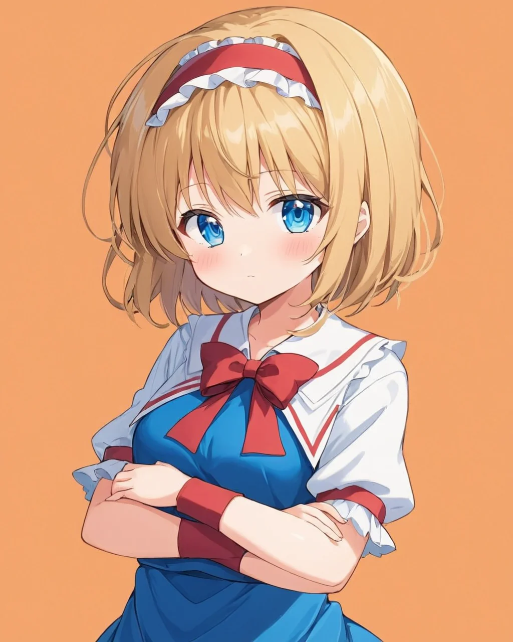 alice margatroid,1girl, red_hairband, solo, doll, closed_mouth, looking_at_viewer, blue_dress, blush, standing, long_sleeves, puffy_short_sleeves, orange_background, white_capelet, simple_background, red_background, frills, red_bow, crossed_arms, shirt, skirt
<lora:alice_margatroid_image3379_2023-12-11-000006:1>,star-shaped_pupils,symbol-shaped_pupils,. gorgeous,key visual, vibrant, studio anime,award-winning, professional, highly detailed,high budget, cinemascope