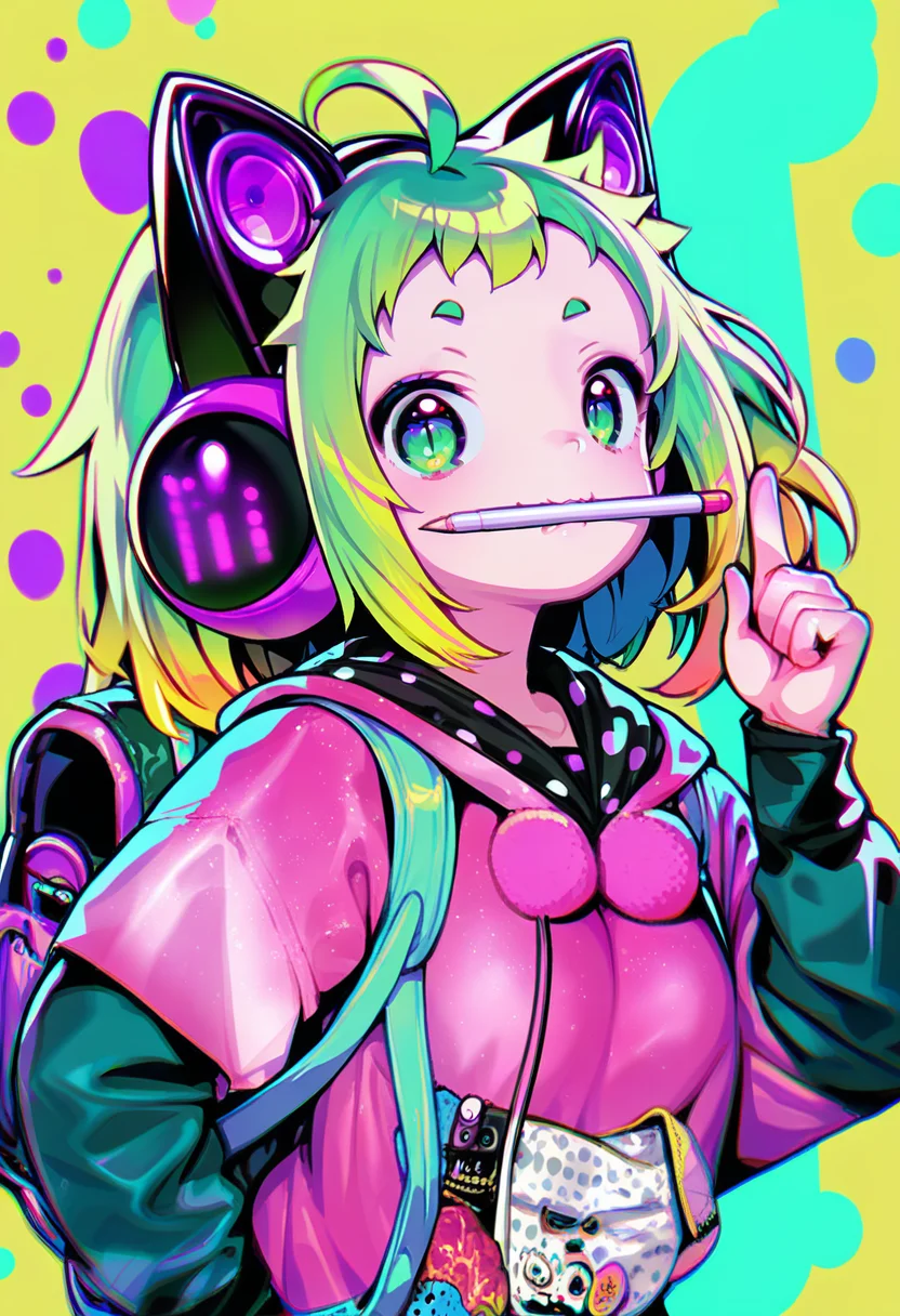 score_9, score_8_up, score_7_up, score_6_up, <lora:GyokaiXL_P6_lokr_V53P1:0.95> 1girl, animal ear headphones, solo, cat ear headphones, fake animal ears, green hair, animal ears, headphones, green eyes, hood, long sleeves, looking at viewer, upper body, pink hoodie, ahoge, backpack, hood down, bag, cat ears, hoodie, mouth hold, index finger raised, hand up, pen