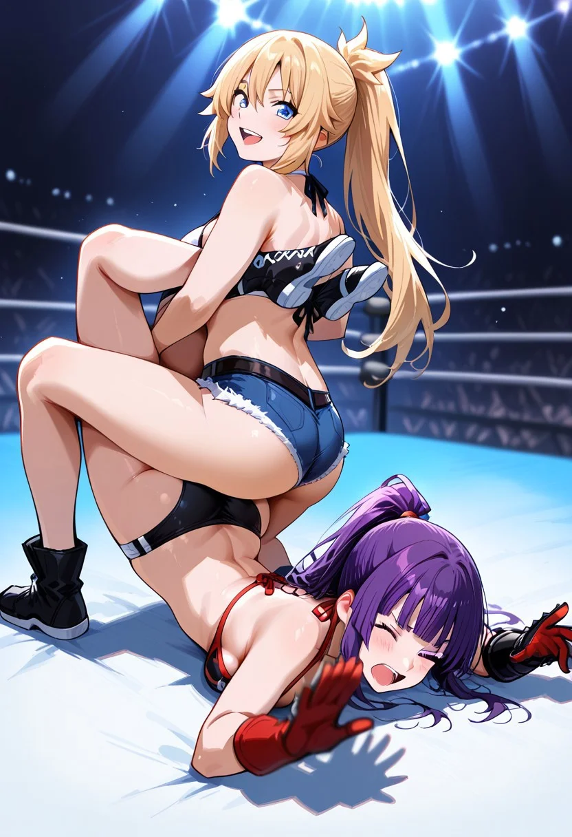 masterpiece, very aesthetic,8k, best quality,bostcrab, backhold, on stomach, laying, multiple girls, wrestling, 2girls, blonde hair, purple hair, long hair, breasts, one eye closed, shorts, gauntlets, ponytail, smile, open mouth, ass, blue eyes, gloves, swimsuit, bikini, wrestling ring, sitting, red gloves, blunt bangs ,impressionism, high detail, depth of field,, dramatic lighting,