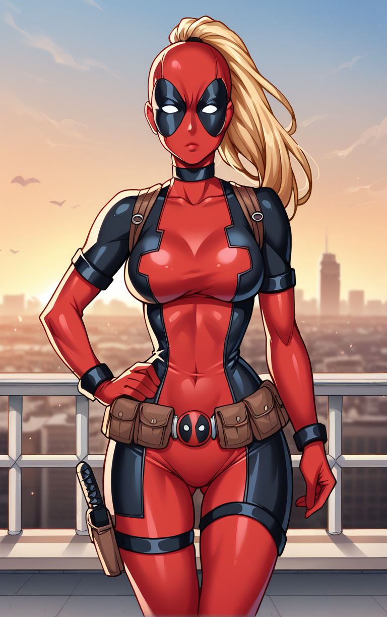 score_9, score_8_up, score_7_up, BREAK 
COMICS_LadyDeadpool_ownwaifu, 
1girl, blonde hair, empty eyes, high ponytail, large breasts, masked,  superhero, toned, very long hair, white eyes, mask, long hair, no pupils, narrow waist, 
bodysuit,  red bodysuit, black bodysuit, brown belt, multicolored bodysuit, belt pouch, utility belt, skin tight, belt, holster, gloves, pouch, covered navel, armor, choker, thigh strap, thigh holster, thigh pouch, ninja,
(contrapposto, hand on hip), sunset, sidelighting, cityscape, vanishing point, outdoors, <lora:PONYXL_COMICS_LadyDeadpool_ownwaifu:1> , depth of field, solo,