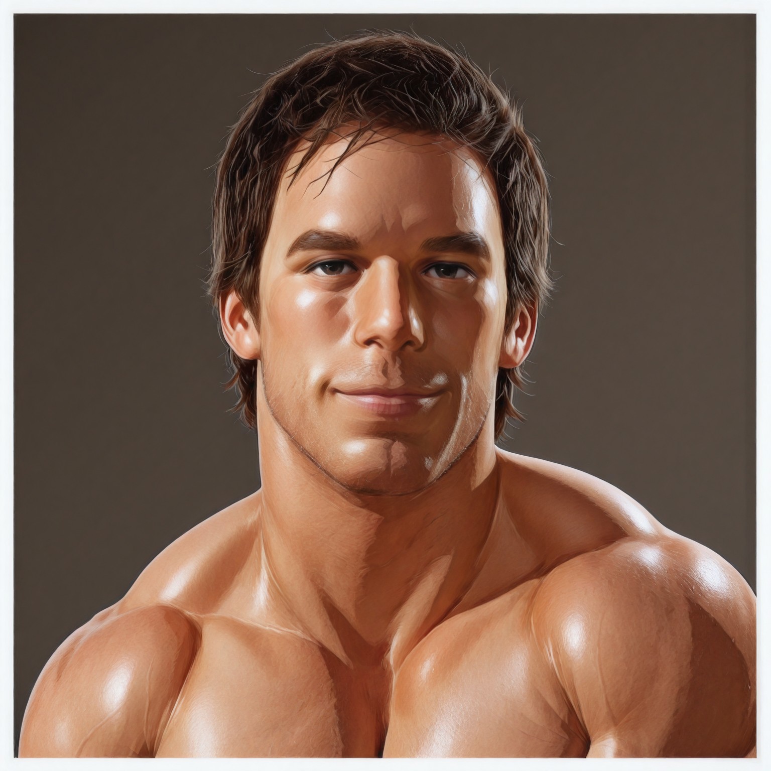 masterpiece, best quality, newest, absurdres, highres, Diz_D00dz, white borders around characters, soft light, BREAK, 1man, 1boy, DexterMorgan, Fair skin tone, short hair, auburn-brown hair, light stubble, blue eyes, straight eyebrows, medium lips, angular jawline, subtle crow's feet, messy hair, {{beefy}}, {{muscular}}, {{large}}, smilling, silly face, happy face, smile, stupid face,