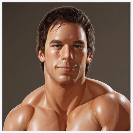 masterpiece, best quality, newest, absurdres, highres, Diz_D00dz, white borders around characters, soft light, BREAK, 1man, 1boy, DexterMorgan, Fair skin tone, short hair, auburn-brown hair, light stubble, blue eyes, straight eyebrows, medium lips, angular jawline, subtle crow's feet, messy hair, {{beefy}}, {{muscular}}, {{large}}, smilling, silly face, happy face, smile, stupid face,