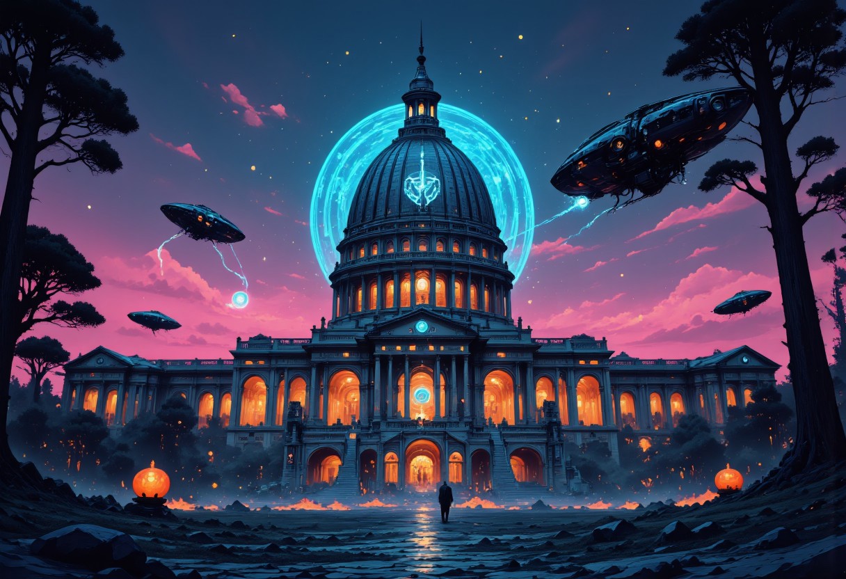 A digital artwork in the style of cknc: an intricate, high-contrast Shinto shrine nestled in misty mountain terrain at sunset. A long staircase with tori gates ascends through rocky woodland towards the shrine, depicted in a busy vector cartoon illustration with refulgent, hyphae-like, indigo blue, galactic elements in a British comic style. Features an exhausted, romantic, mystifying, rapid-fire, concave conceptual futuristic gothic hardsurface device design on a table, within a moody repair shop aesthetic by California, set in dystopian and surreal surroundings.
Alternatively, the U.S. Capitol Building is reimagined as the futuristic headquarters of the Weyland-Yutani Corporation. Classical architecture blends seamlessly with sleek, technological enhancements, creating a cyberpunk aesthetic. The dome displays the glowing Weyland-Yutani logo, signifying corporate dominance. Neon corporate advertisements illuminate the night sky, contrasting with the landmark's metallic marble facade and transparent aluminum windows. Durable, synthetic materials reinforce the columns. Aerial vehicles streak across the image, while a colossal holographic dragonfly spaceship hovers above. The grounds are a bustling hub of robotic workers and augmented reality users. The scene juxtaposes the past and present, symbolizing corporate power intertwined with political history, redefining the skyline.