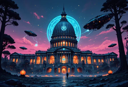 A digital artwork in the style of cknc: an intricate, high-contrast Shinto shrine nestled in misty mountain terrain at sunset. A long staircase with tori gates ascends through rocky woodland towards the shrine, depicted in a busy vector cartoon illustration with refulgent, hyphae-like, indigo blue, galactic elements in a British comic style. Features an exhausted, romantic, mystifying, rapid-fire, concave conceptual futuristic gothic hardsurface device design on a table, within a moody repair shop aesthetic by California, set in dystopian and surreal surroundings.
Alternatively, the U.S. Capitol Building is reimagined as the futuristic headquarters of the Weyland-Yutani Corporation. Classical architecture blends seamlessly with sleek, technological enhancements, creating a cyberpunk aesthetic. The dome displays the glowing Weyland-Yutani logo, signifying corporate dominance. Neon corporate advertisements illuminate the night sky, contrasting with the landmark's metallic marble facade and transparent aluminum windows. Durable, synthetic materials reinforce the columns. Aerial vehicles streak across the image, while a colossal holographic dragonfly spaceship hovers above. The grounds are a bustling hub of robotic workers and augmented reality users. The scene juxtaposes the past and present, symbolizing corporate power intertwined with political history, redefining the skyline.