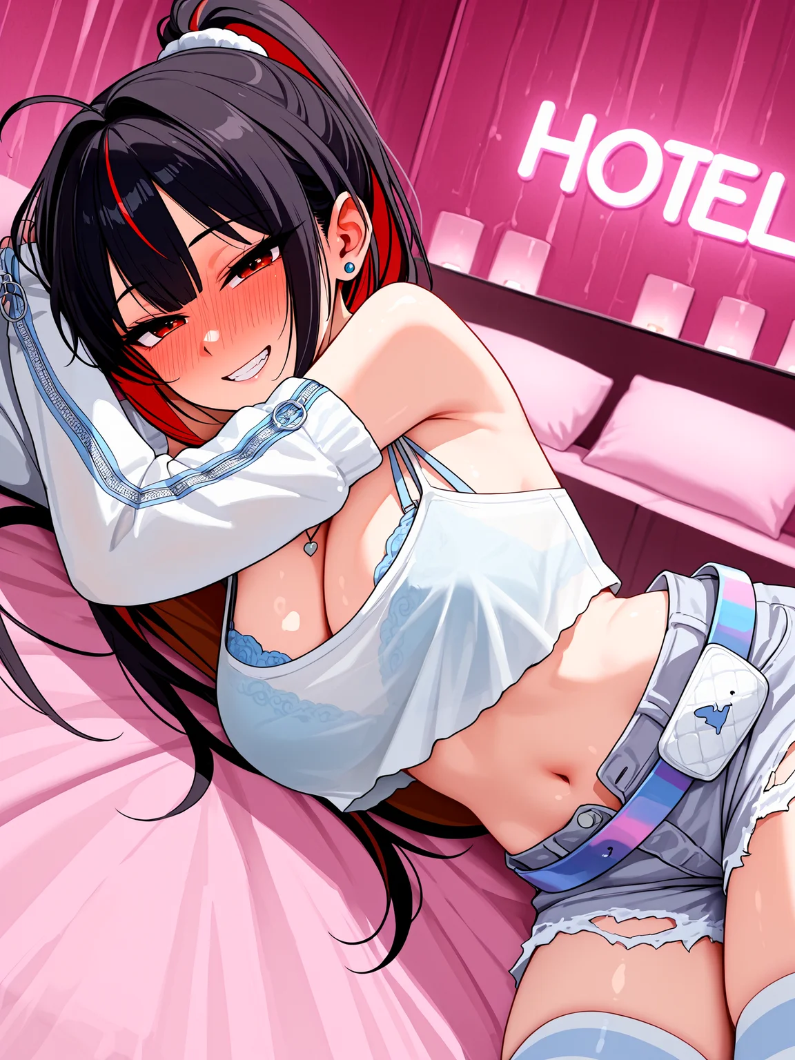 1girl, solo, moranoffdutyqueen, red eyes, bare shoulders, large breasts, cleavage, midriff, navel, blue nails, nail polish, <lora:Moran_Off-Duty_Queen_IL:1>, BREAK,
black hair, red hair, brown hair, multicolored hair, streaked hair, colored inner hair, very long hair, high ponytail, hair scrunchie, ahoge, hair intakes, blunt bangs, double-parted bangs, long sidelocks, BREAK,
stud earrings, crop top, white camisole, halterneck, cleavage cutout, necklace, lingerie, bra peek, blue bra, BREAK,
shoulder cutout, detached sleeves, white sleeves, sleeves past wrists, sleeve zipper, zipper pull tab, BREAK,
torn shorts, grey shorts, short shorts, denim shorts, open fly, belt, dinosaur footprints, white thighhighs, BREAK,
half-closed eyes, embarrassed, full-face blush, smile, teeth, looking at viewer, BREAK,
pov across bed, on bed, on side, lying, bed, afterglow, BREAK,
indoors, (love hotel:1.5), pink bed, pink wall