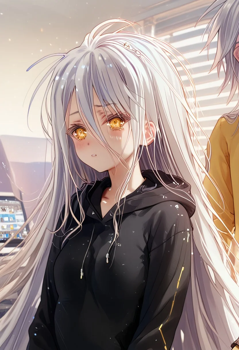 score_9, score_8_up, score_7_up, score_6_up,realistic style photo,masterpiece, ultra-realistic 8k, (best quality), intricate details,high detail, sharp, detailed, 1girl, beautiful, shiro, long hair, hair between eyes, very long hair, white hair, twin braids, messy hair, yellow eyes, fair skin, small breasts, hoodie, leggings, computer office with fire element, computers composed of fire elements, worried expression, scared expression, summer sunlight, upper body, looking at viewer , perfect, perfection, zPDXL2,b3yum1, ais-wirez
