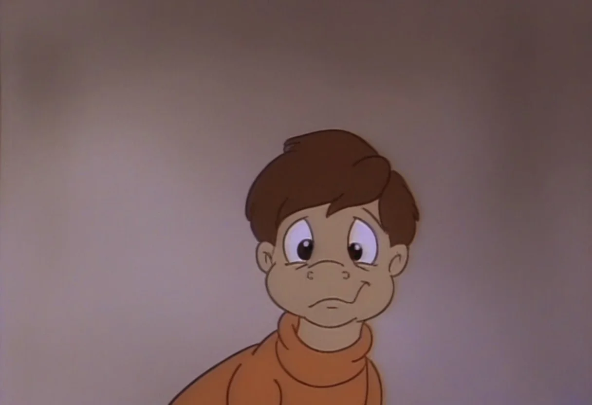 peterwalker, 1boy, solo, brown hair, brown eyes, orange sweater, Strutlbt, feral, male, Struthiomimus, dinosaur, tan skin