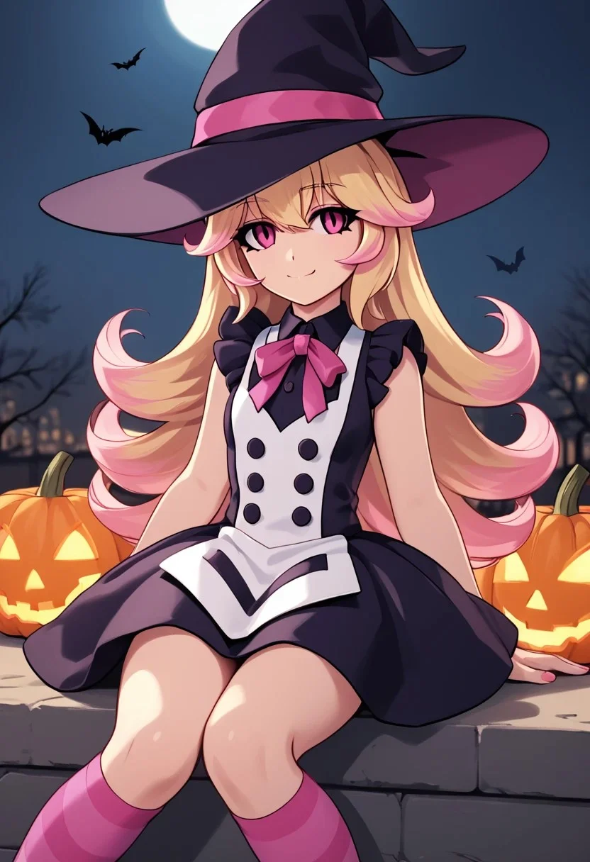 score_4,score_5,score_6,score_7_up,score_8_up,score_9
((masterpiece,best quality,ultra detailed,highres,HD,4k:1.2)),
1 girl, solo, dark pink eyes, blonde hair, long hair, hairband, ribbon, multi-colored hair, pink tips, bangs,
Halloween, Halloween dress, witch clothes, witch hat,Bat wings, pink dress, pink and white knee-high socks, striped knee-high socks, sitting,
smile,light smile,