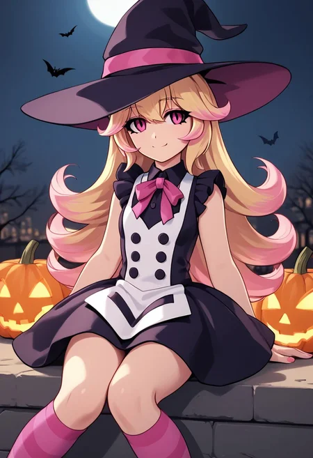 score_4,score_5,score_6,score_7_up,score_8_up,score_9
((masterpiece,best quality,ultra detailed,highres,HD,4k:1.2)),
1 girl, solo, dark pink eyes, blonde hair, long hair, hairband, ribbon, multi-colored hair, pink tips, bangs, 
Halloween, Halloween dress, witch clothes, witch hat,Bat wings, pink dress, pink and white knee-high socks, striped knee-high socks, sitting,
smile,light smile,