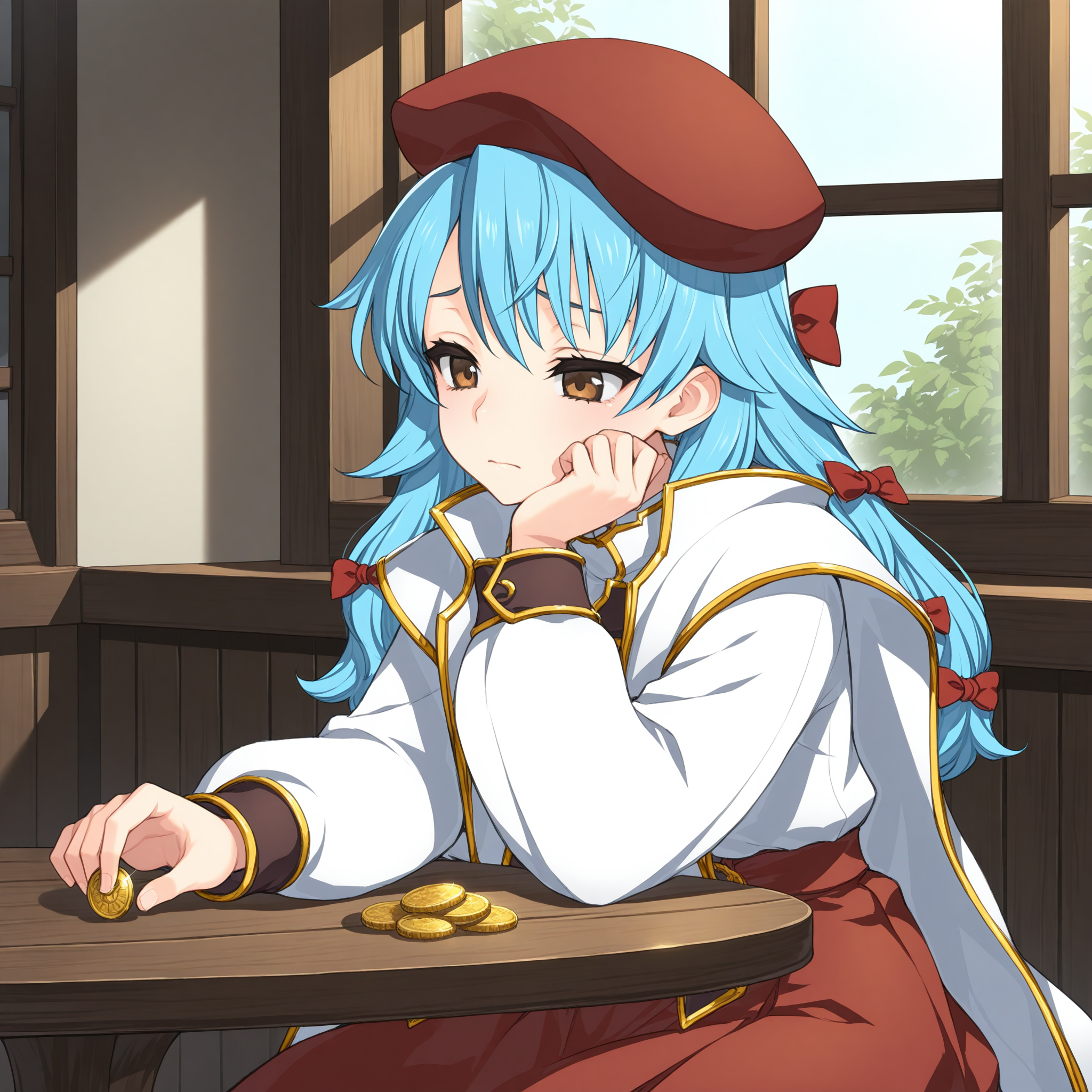 <lora:Copandon_Dott_1_nai-000046:1>,Copandon Dott,long hair,hair bow,
skirt,cape,long sleeves,red headwear,red bow,
1girl,solo,holding coin,gold coin,arm on table,wooden table,sitting,looking at hand,sad,arm support,hand on own cheek,indoors,day,window,