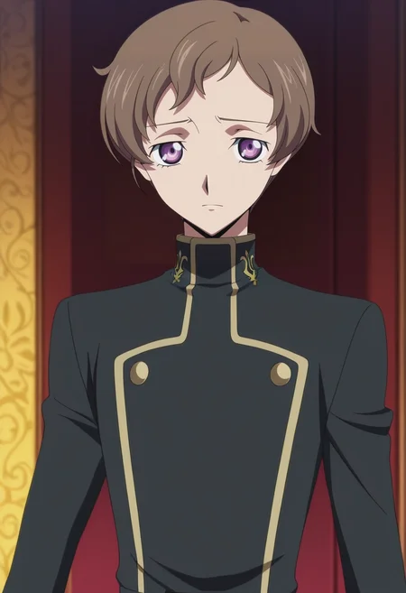 masterpiece, best quality, intricate details, anime screencap, anime coloring, official style,, 1boy, solo, male focus, <lora:rolo_lamperouge_ilxl:0.98>, rolo_lamperouge, brown hair, purple eyes, short hair, ashford academy school uniform, aged up