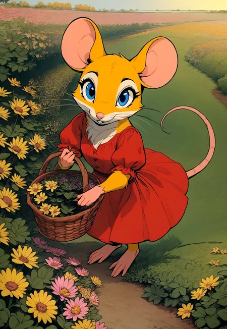 score_9, score_8_up, score_7_up, score_6_up, score_5_up, score_4_up,
[][][][][]
(((mouse))), (feral), furry, female, solo, (cute), 
[][][][][]
(short red dress), yellow fur, yellow ears, blue eyes, carrying basket of herbs,
[][][][][]
flat color, in the style of Beatrix Potter, 
[][][][][]
cel-shading, backlit, (warm color pallet), (high angle view:1.6), 
[][][][][]
outdoors, field, bushes, brilliant sunlight, squatting, (picking flowers:1.4), vivid colors, (looking at viewer:1.2),