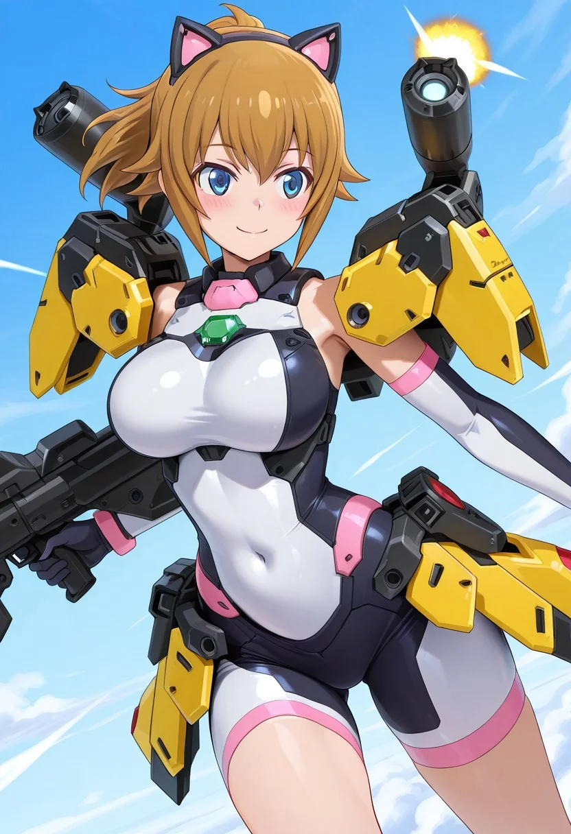 general,masterpiece,anime_coloring,anime clothing,avatar_fumina,blue eyes, brown hair, short hair, hoshino fumina, large_breasts , cat ears, elbow gloves, bodysuit, covered navel, armor, bike shorts, skin tight,yellow shoulder armor, yellow waist armor, weapon,shoulder cannon,Thruster properant tank,gun,energy gun,blush face,kind smile,sky,in air,Air battle,dynamic angle,close-up face,