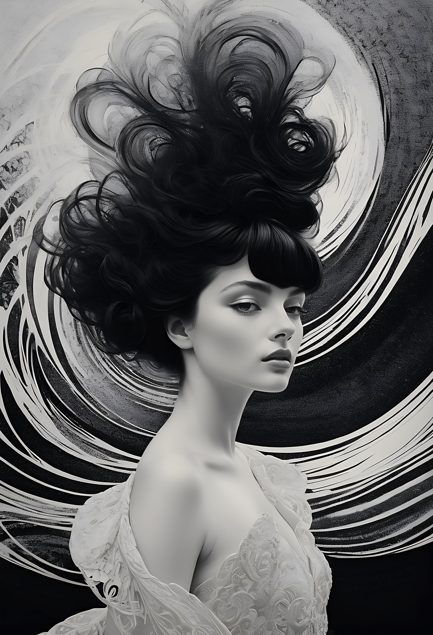 beautiful girl, long hair, breasts, looking at viewer, dress, bare shoulders, monochrome, upper body, greyscale, lips, floating hair, nose, abstract, abstract style, non-representational, colors and shapes, expression of feelings, imaginative, highly detailed, absurdres, masterpiece, 8k, high detail, intricate, best quality