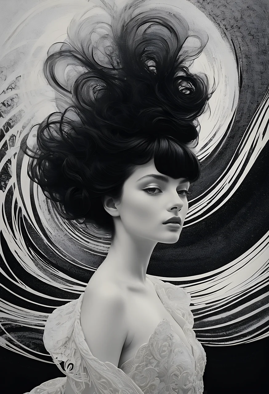 beautiful girl, long hair, breasts, looking at viewer, dress, bare shoulders, monochrome, upper body, greyscale, lips, floating hair, nose, abstract, abstract style, non-representational, colors and shapes, expression of feelings, imaginative, highly detailed, absurdres, masterpiece, 8k, high detail, intricate, best quality