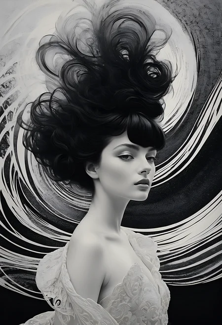beautiful girl, long hair, breasts, looking at viewer, dress, bare shoulders, monochrome, upper body, greyscale, lips, floating hair, nose, abstract, abstract style, non-representational, colors and shapes, expression of feelings, imaginative, highly detailed, absurdres, masterpiece, 8k, high detail, intricate, best quality