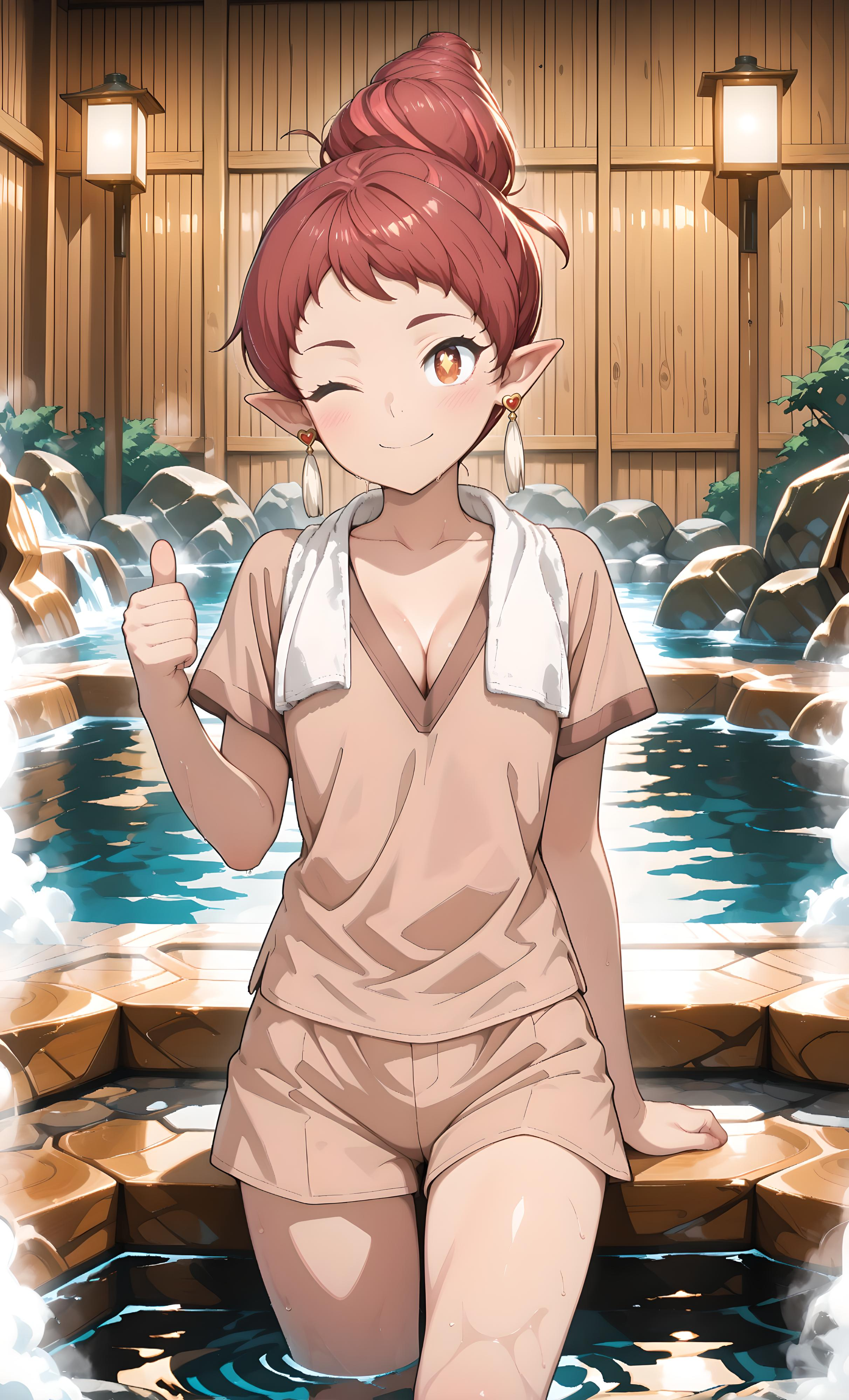 LaAkahane, detailed, high quality, sharp focus, ultra-detailed, 8k, cinematic lighting, anime-style, elf girl, pointy ears, pink-red hair, very long hair, twisted high bun, red eyebrows, diamond-shaped pupils, amber eyes, golden heart-shaped earrings, red heart, tassel earrings, light brown shirt, short sleeves, sleeves with dark brown hem, v-neck, dark brown v-neck, cleavage, towel around neck, light brown shorts, shorts with side slits, barefoot, hot spring, cowboy shot, front view, wink, thumbs up, smiling, standing in water, steam, wooden bathhouse, 1girl, solo